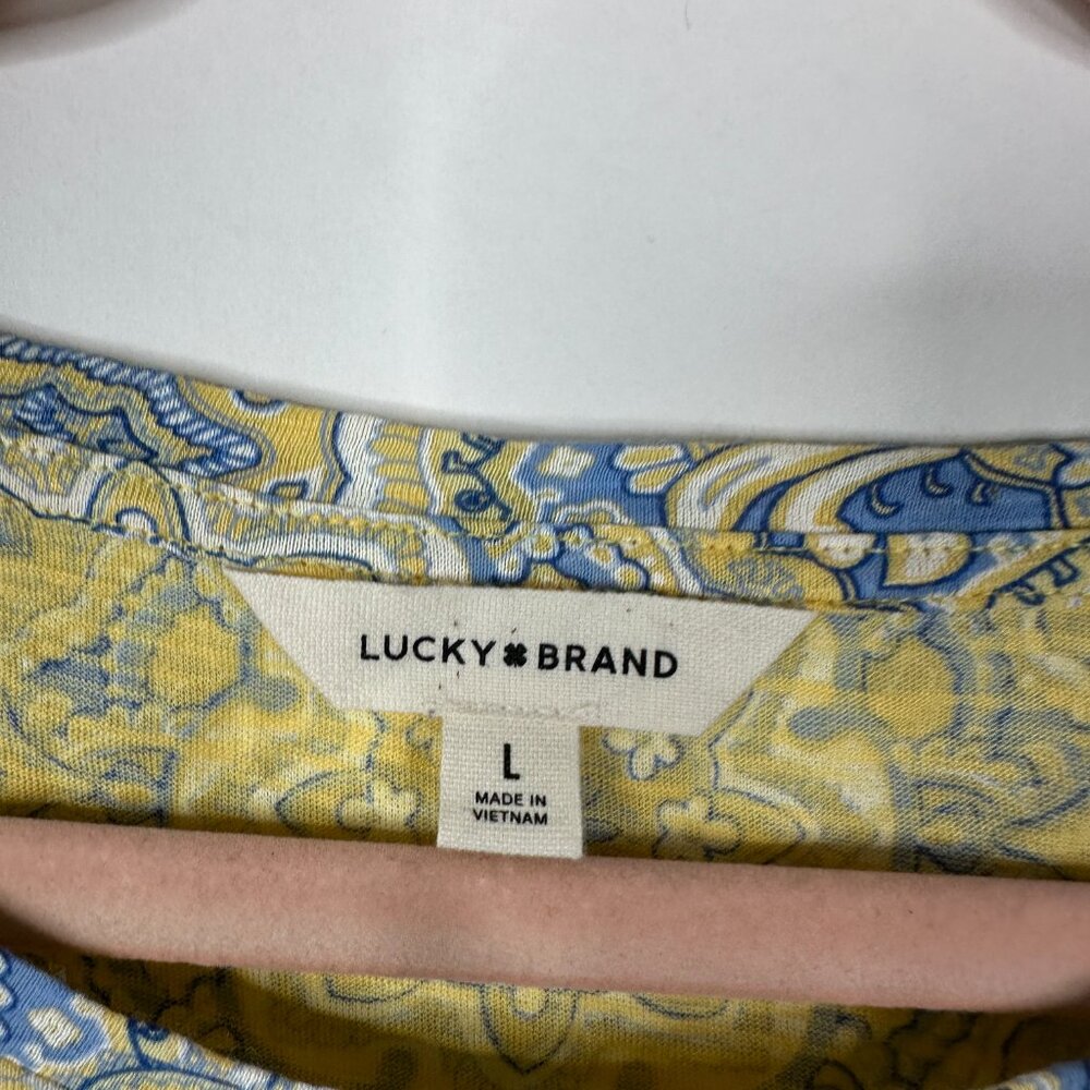 2/$30 Lucky Brand Twist Front Medallion Print Tee Cap Sleeve Mustard L #A1478 - Picture 8 of 11